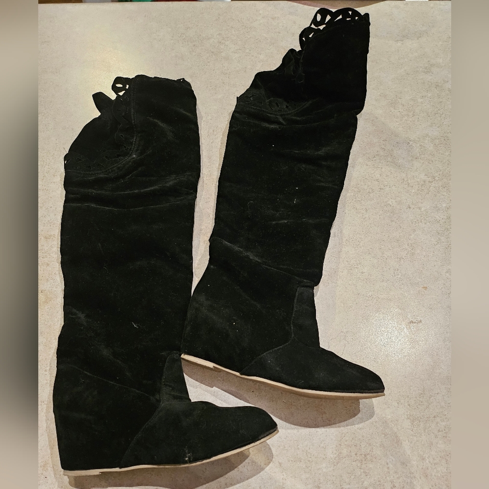 Over the knee hidden wedge lace top boots